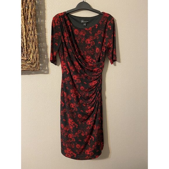 Connected Dress 6 Red Black Short Sleeve Stretch Sheath Washable Career Church - Picture 5 of 6